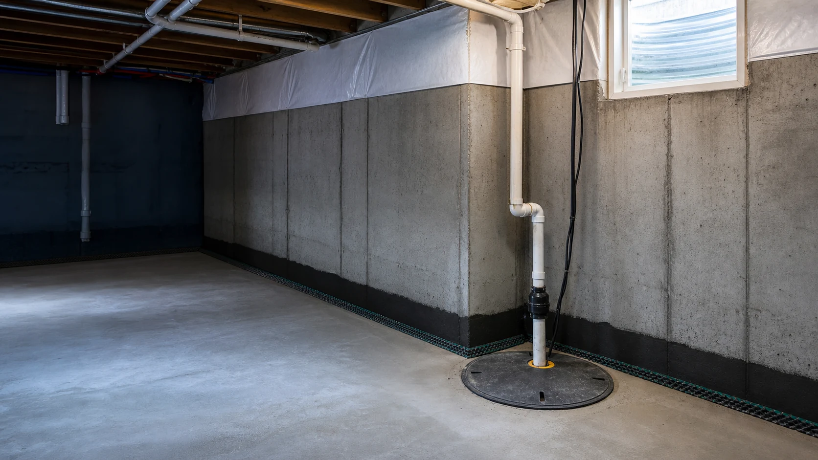 Interior drain tile channel and waterproofing detail along a Omaha-area basement foundation wall