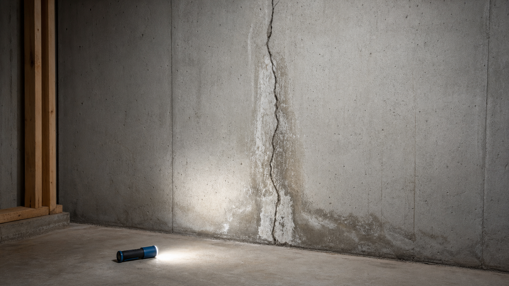 Basement foundation wall crack with moisture stain and clean inspection lighting