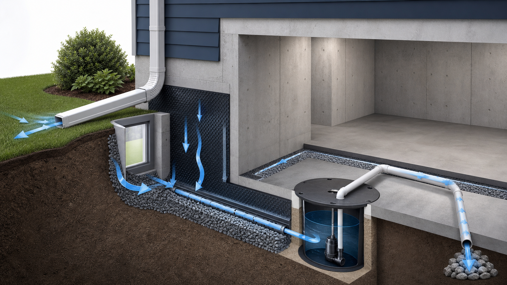 Basement waterproofing cutaway showing grading, drain tile, sump basin, discharge pipe, and water movement arrows